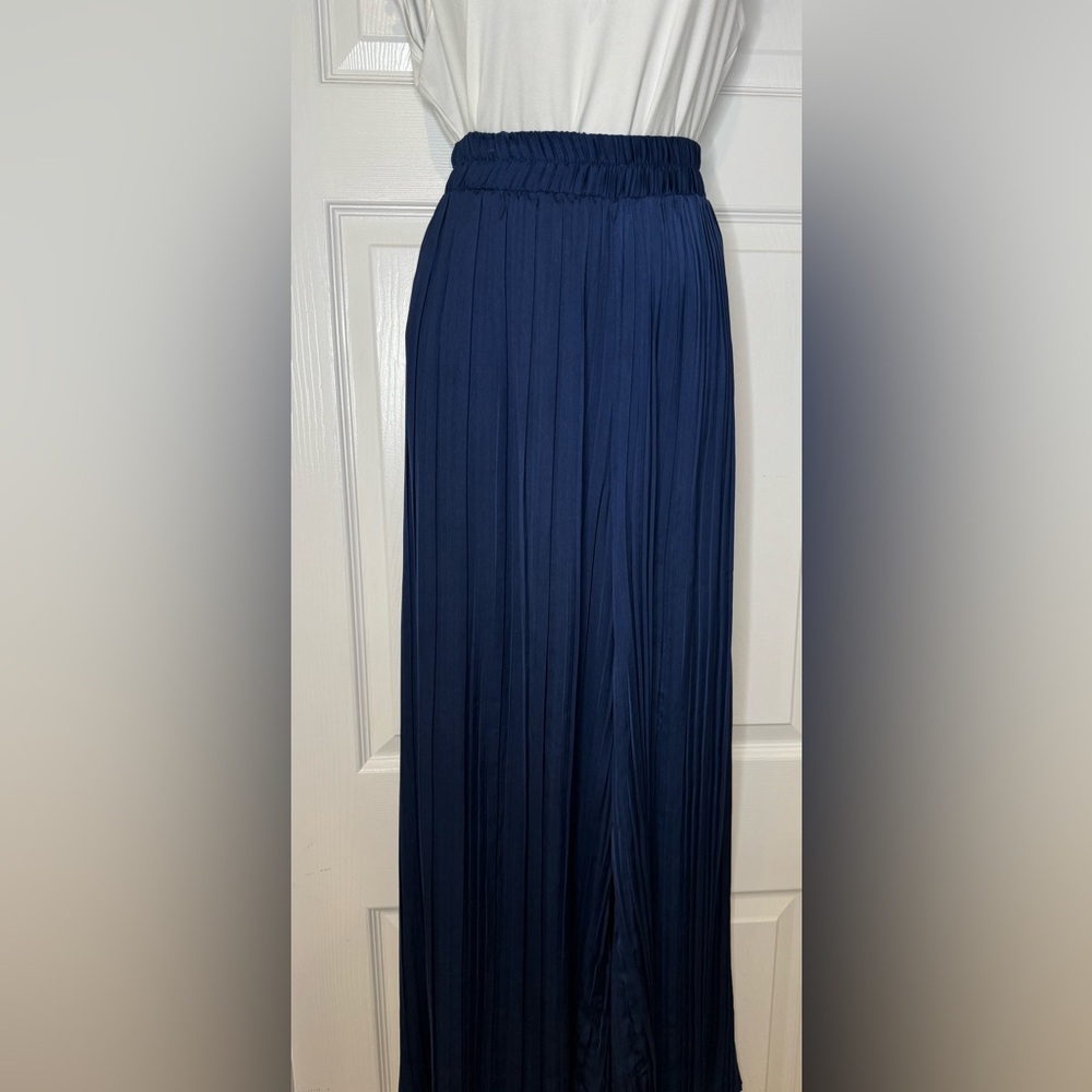 NA-KD Navy Pleated Satin Wide Leg Pants
